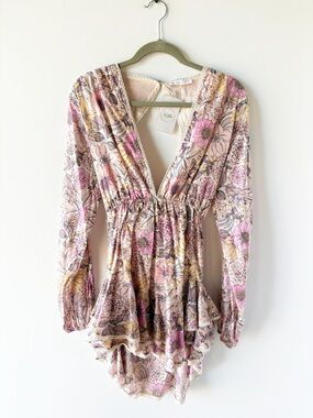 BNWT Karlie Floral Long Sleeve Ruffle Deep V-Neck Lace Trim Boho Mini Dress